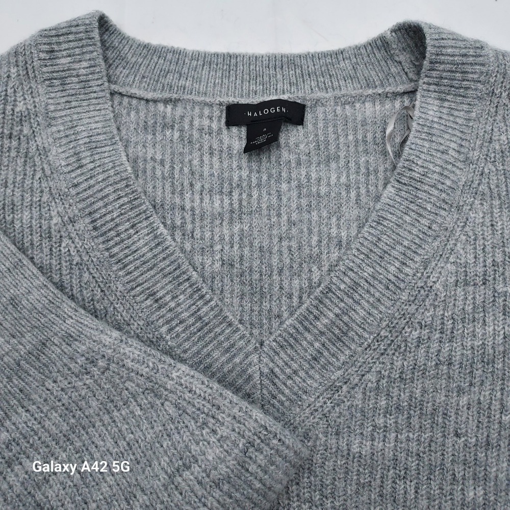 Halogen V Neck Ribbed Knit Sweater‎ Small Grey Long Sleeve Casual Pullover